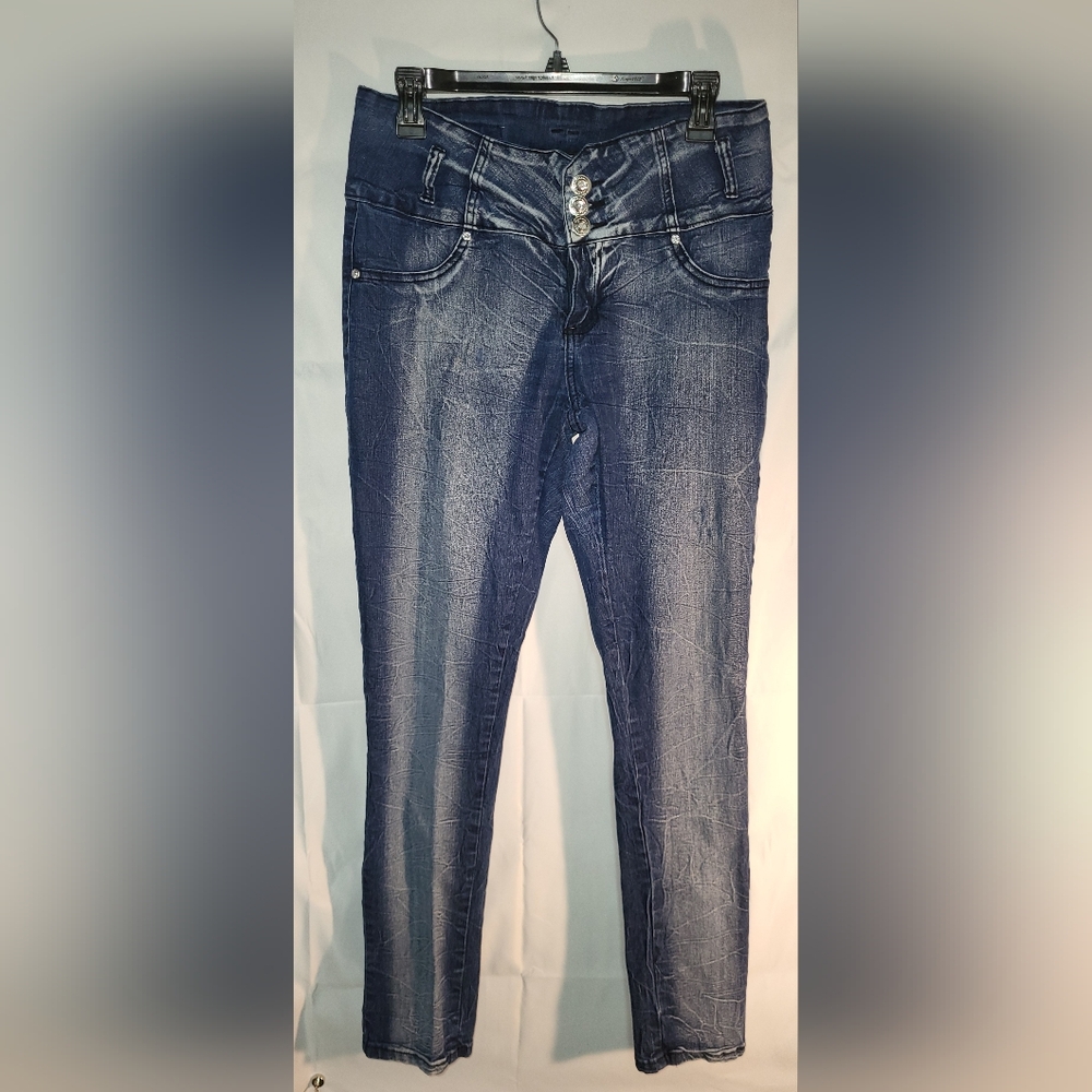 GoGO Star Womens Blue Denim Jeans Wide Waist Band Tapered Skinny